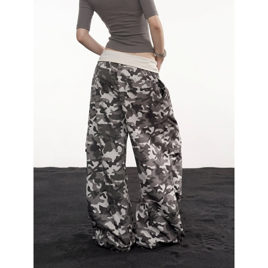 Fleur | Dames Wijde Camo Cargo Pants met Rhinestones Trekkoord