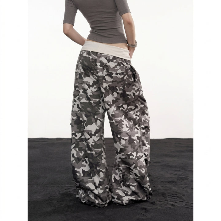 Fleur | Dames Wijde Camo Cargo Pants met Rhinestones Trekkoord
