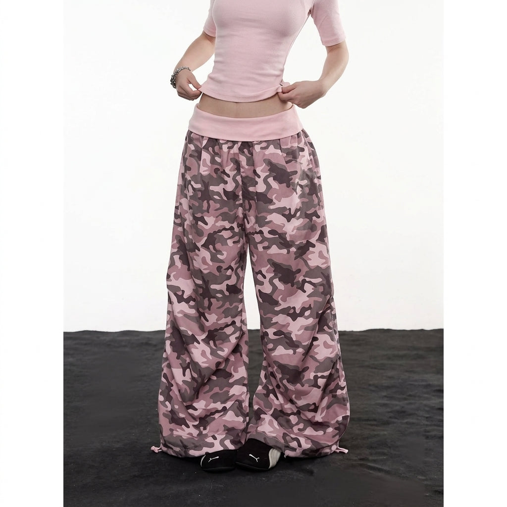 Fleur | Dames Wijde Camo Cargo Pants met Rhinestones Trekkoord