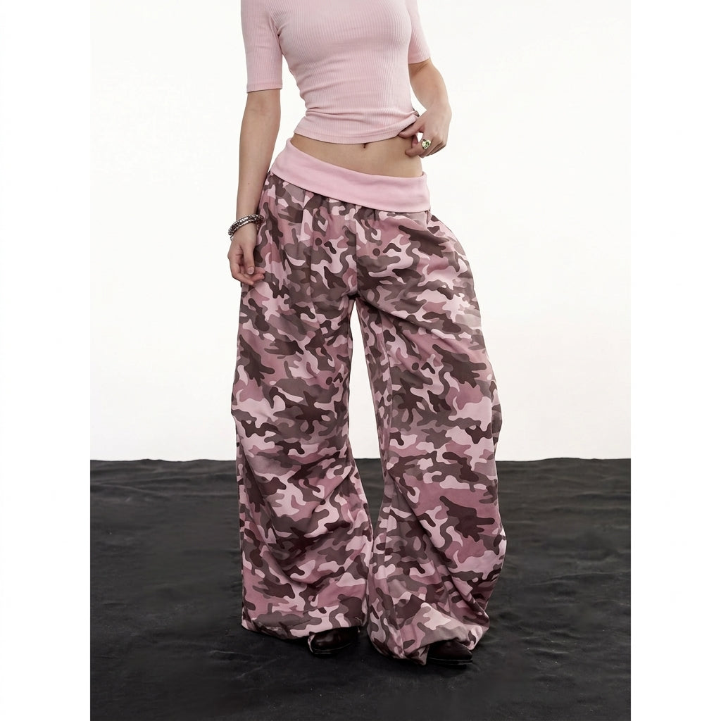 Fleur | Dames Wijde Camo Cargo Pants met Rhinestones Trekkoord