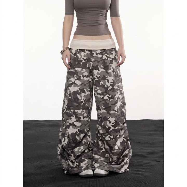 Fleur | Dames Wijde Camo Cargo Pants met Rhinestones Trekkoord