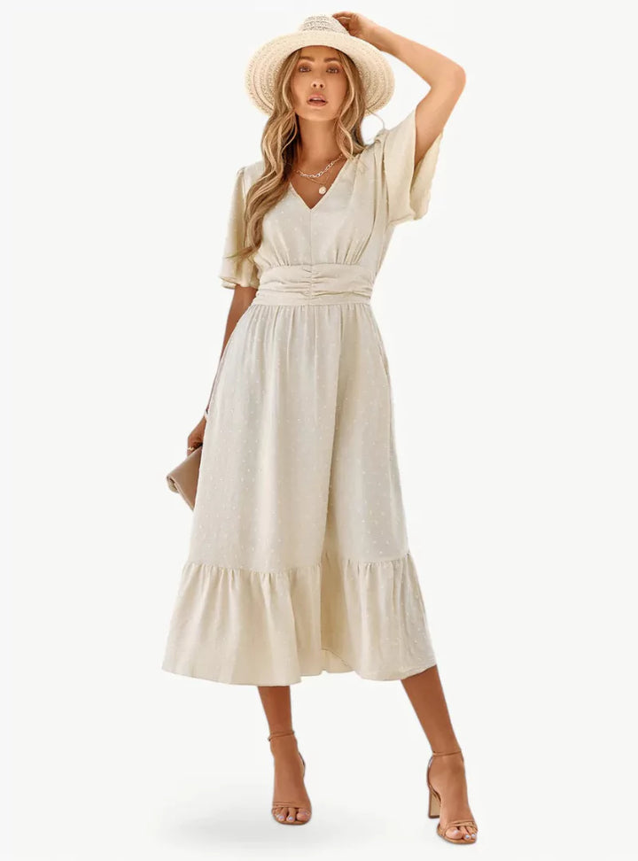 Midi-Sommerkleid mit V-Ausschnitt und Taillenbetonung – Locker & Feminin