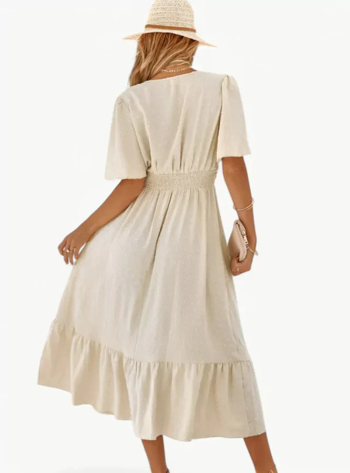 Midi-Sommerkleid mit V-Ausschnitt und Taillenbetonung – Locker & Feminin