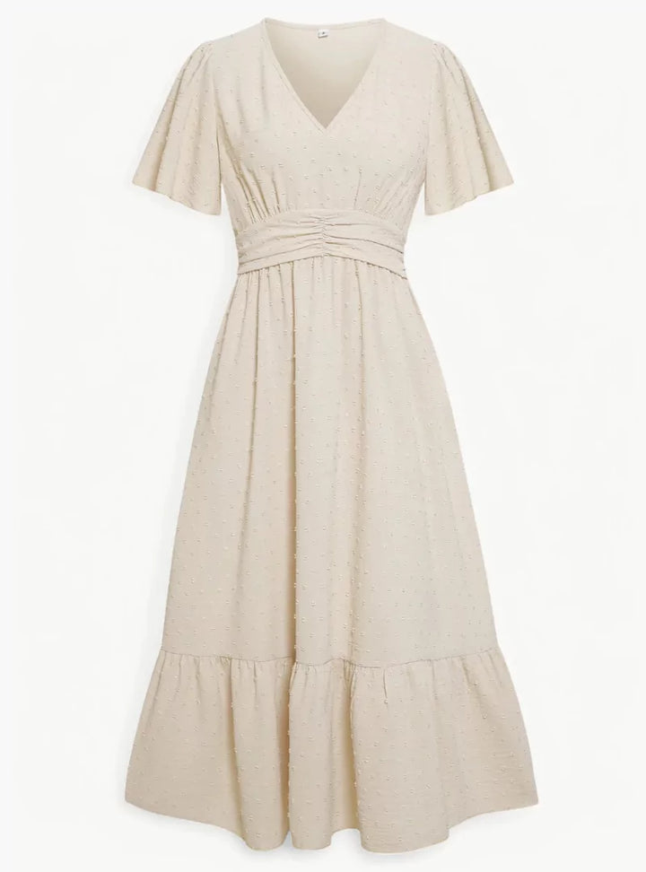 Midi-Sommerkleid mit V-Ausschnitt und Taillenbetonung – Locker & Feminin