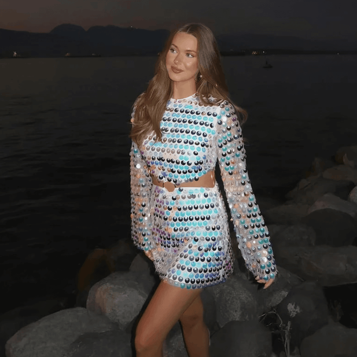 Beatrice | Uitgestrekte Mouw Glinsterende Pailletten Minikleed met Cut-Out Detail