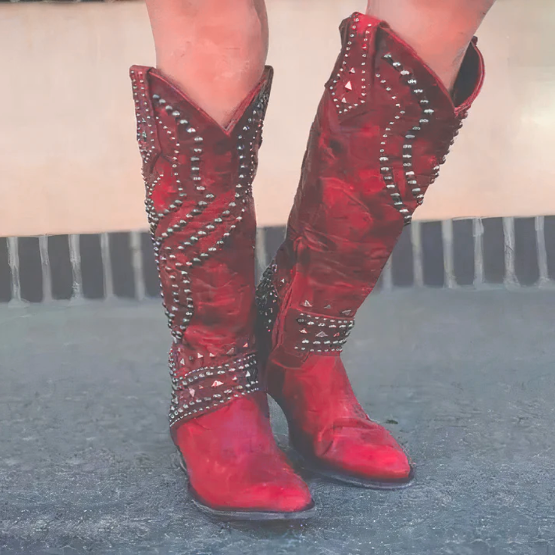 Kendra | Dames Kniehoge Studded Blokhak Laarzen