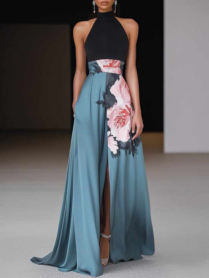 Jessica | Dames Halternek Bloemenprint Split Maxi Jurk
