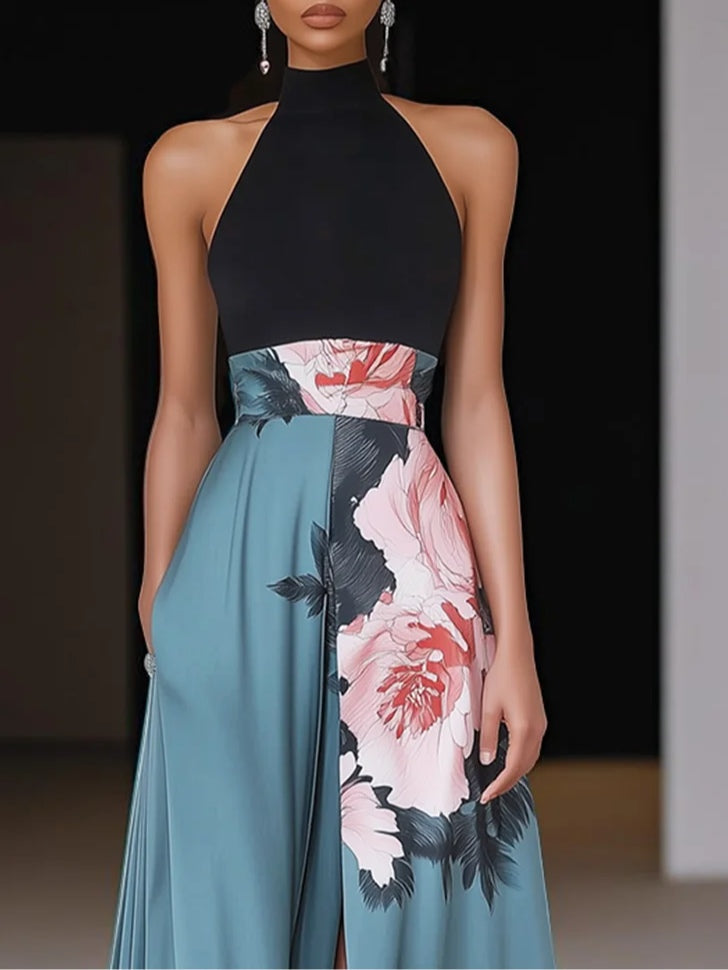 Jessica | Dames Halternek Bloemenprint Split Maxi Jurk
