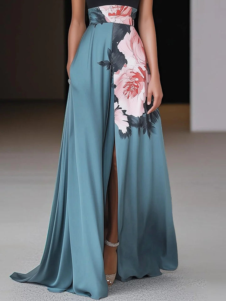 Jessica | Dames Halternek Bloemenprint Split Maxi Jurk