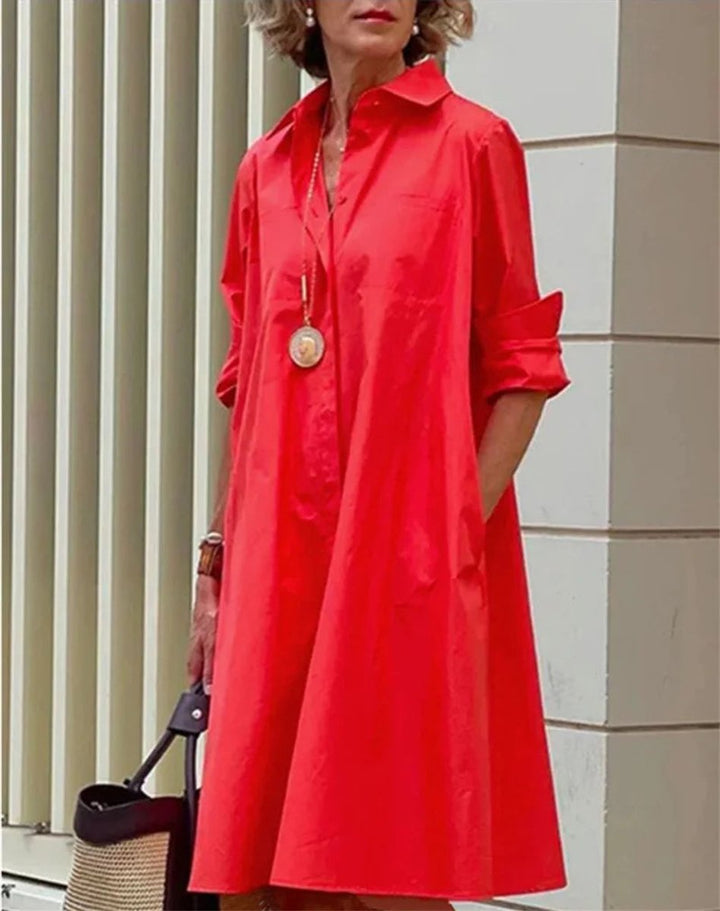 A-lijn Blousejurk Midi Jurk Dames Knoopsluiting Zijzakken - Rood