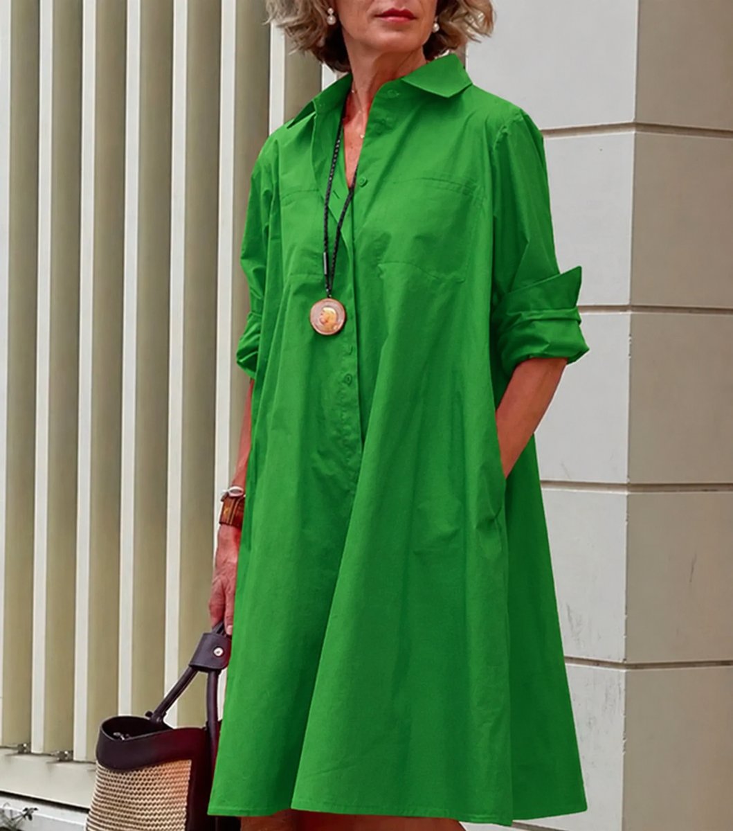 A-lijn Blousejurk Midi Jurk Dames Knoopsluiting Zijzakken - Groen