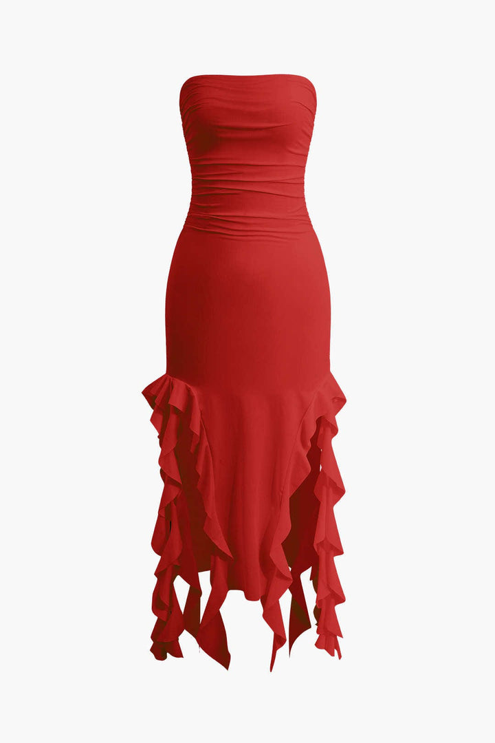 Sofia | Elegante Bandeau-Maxikleed met Volant-Details – Tijdloze Raffinement
