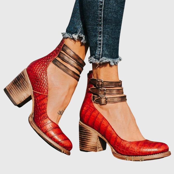 Bonnie | Damen Schnallenverschluss Knöchelriemen Stiefeletten mit Blockabsatz