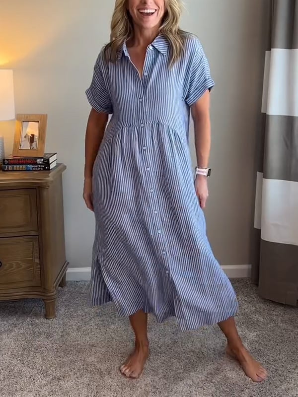 Dahlia | Damen Gestreiftes Midi Kleid mit Knopfleiste vorne