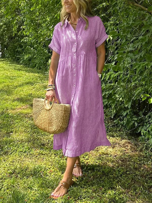 Dahlia | Damen Gestreiftes Midi Kleid mit Knopfleiste vorne