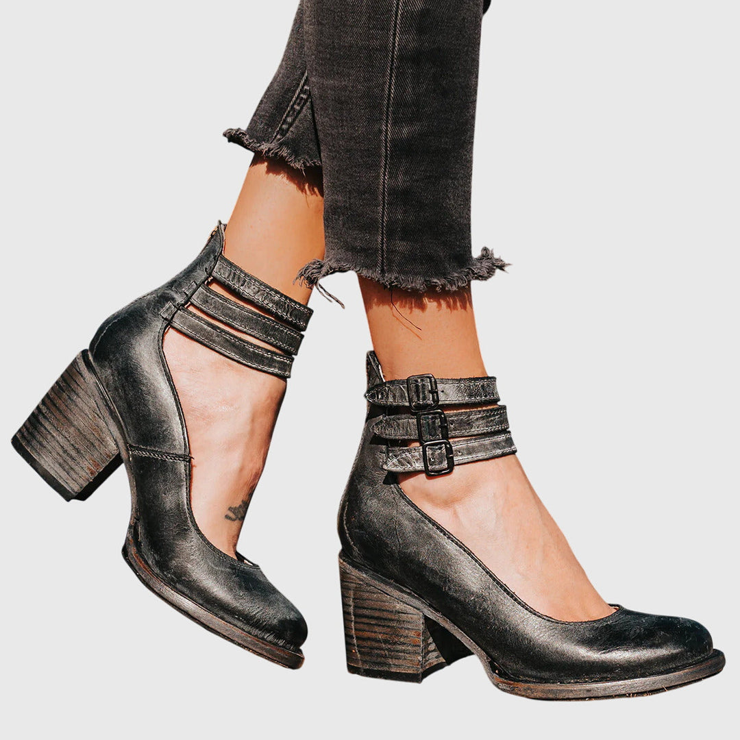 Bonnie | Damen Schnallenverschluss Knöchelriemen Stiefeletten mit Blockabsatz