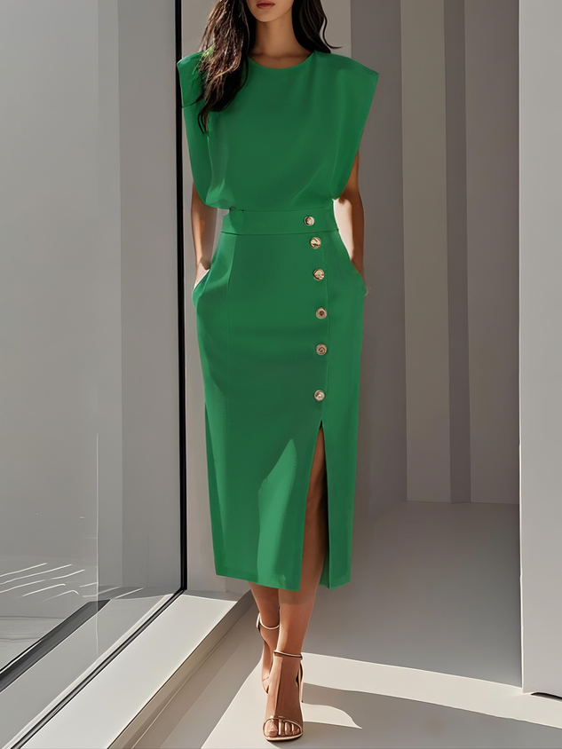 Emma | Damen Ärmelloses Midikleid mit Knopfdetail