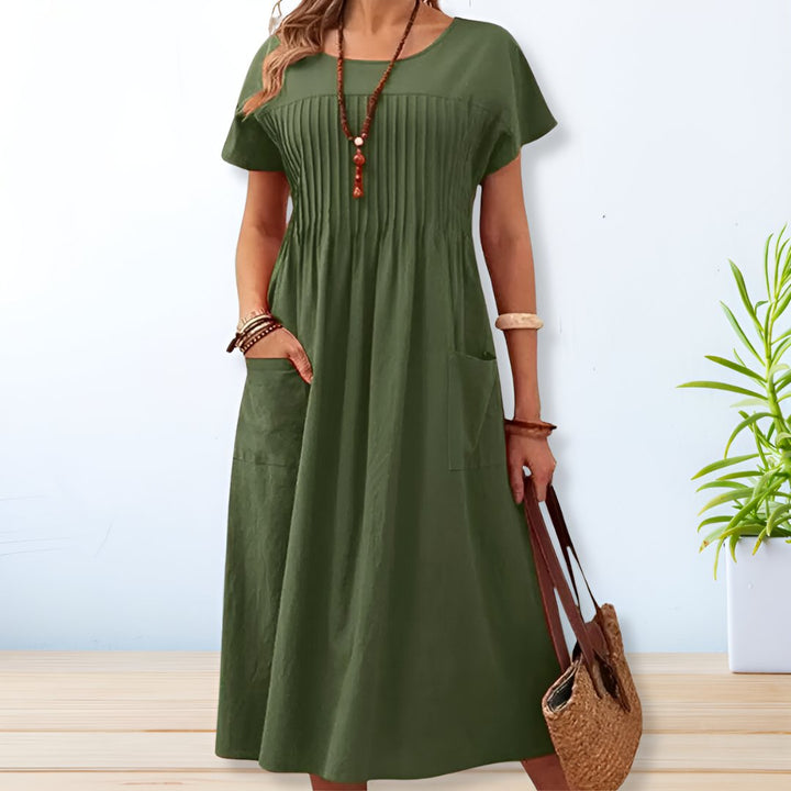Maya | Damen Falten Midi Kleid mit kurzen Ärmeln
