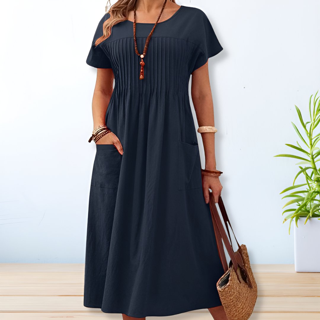 Maya | Damen Falten Midi Kleid mit kurzen Ärmeln