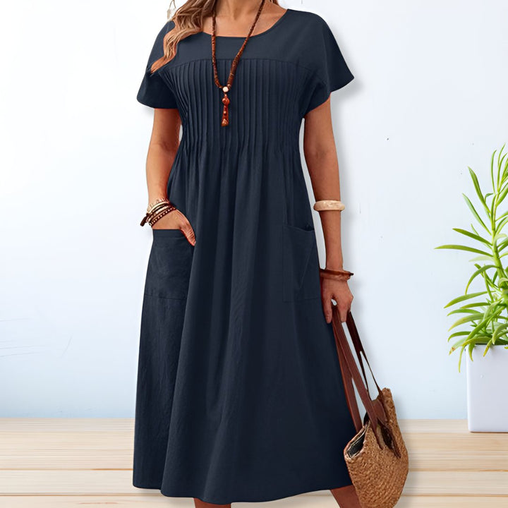 Maya | Damen Falten Midi Kleid mit kurzen Ärmeln