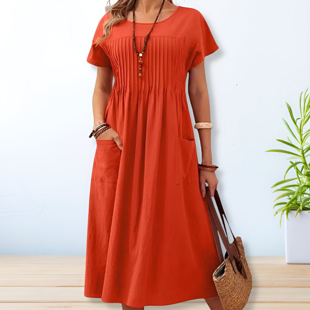 Maya | Damen Falten Midi Kleid mit kurzen Ärmeln