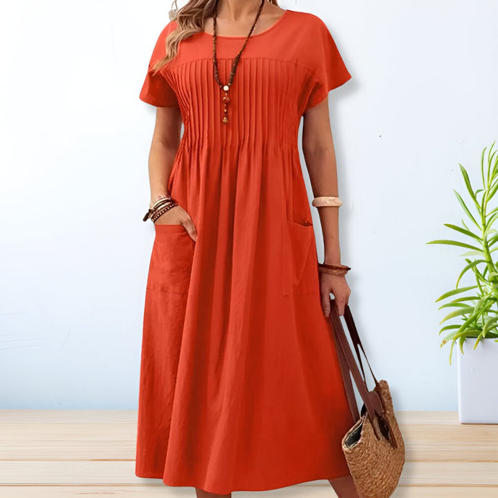 Maya | Damen Falten Midi Kleid mit kurzen Ärmeln