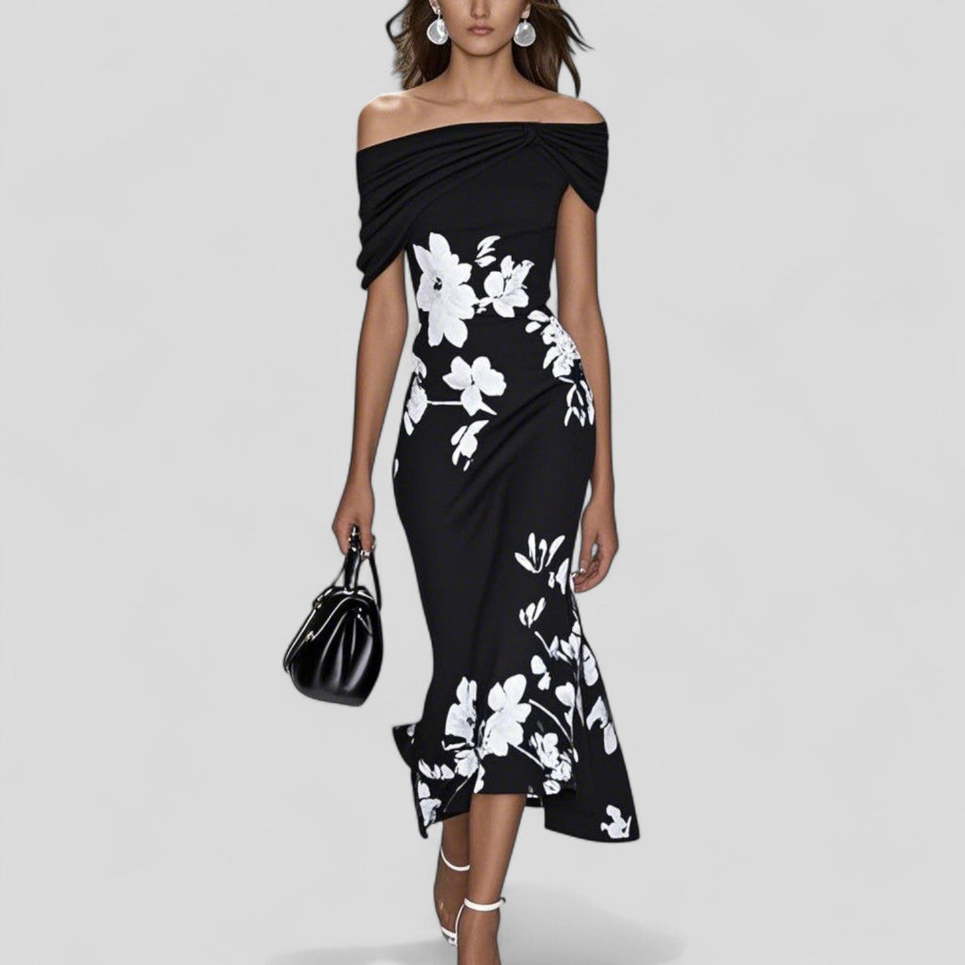 Jane | Damen Blumen Off-Shoulder Midi Kleid