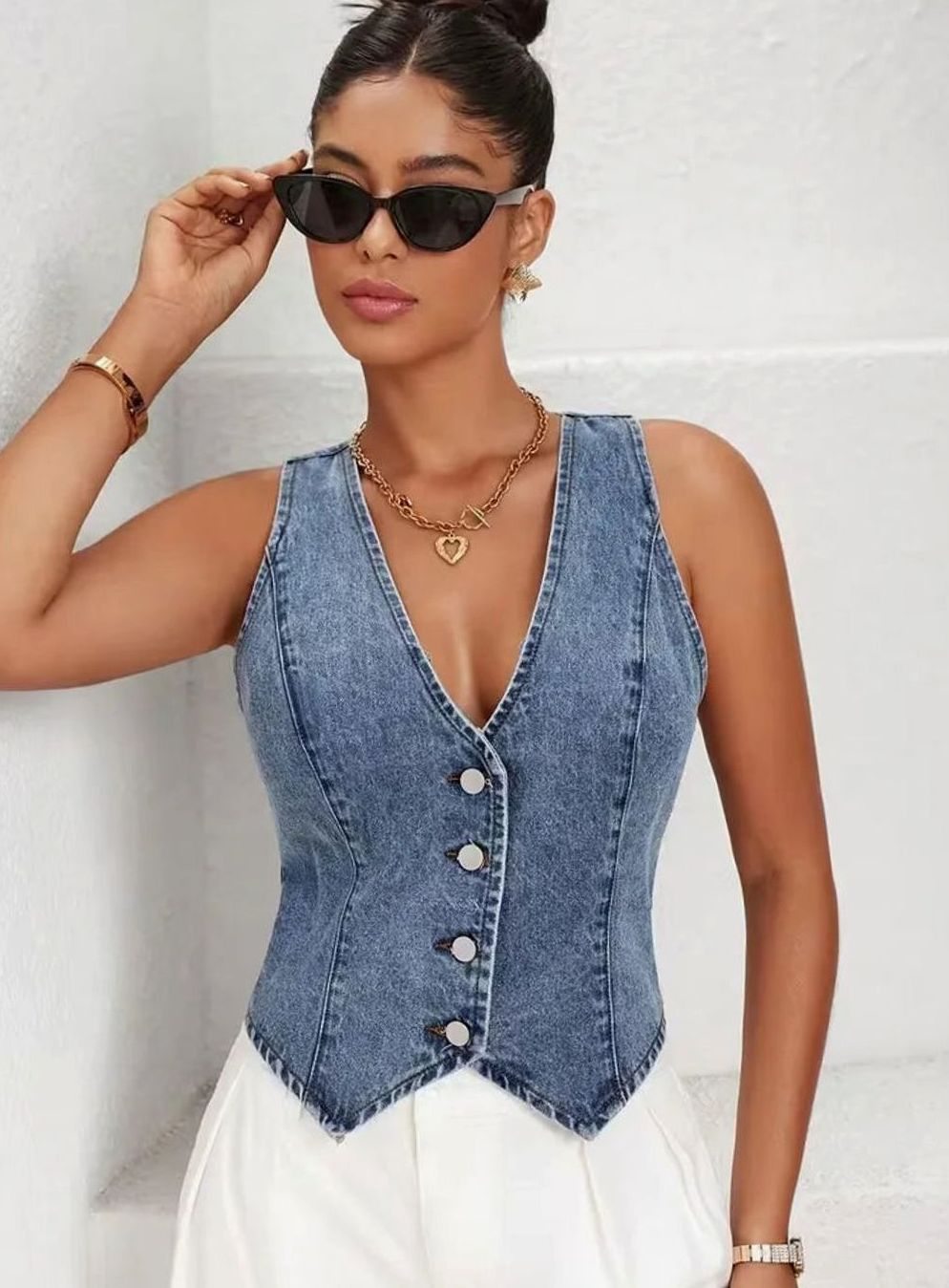 Blazer Gilet Dames Mouwloos Denim V-hals Knoopsluiting - Koningsblauw