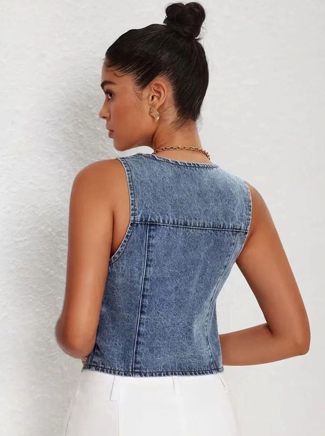 Blazer Gilet Dames Mouwloos Denim V-hals Knoopsluiting