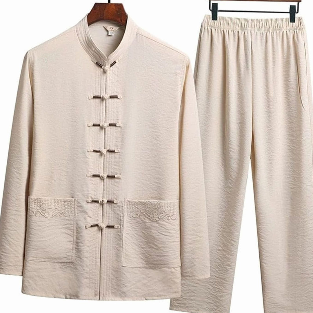 Blazer Gilet Dames Oosterse Linnen Set Lange Mouwen Mandarijnkraag - Beige