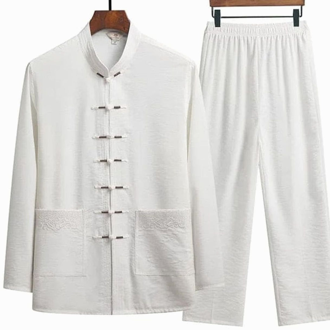 Blazer Gilet Dames Oosterse Linnen Set Lange Mouwen Mandarijnkraag - Wit