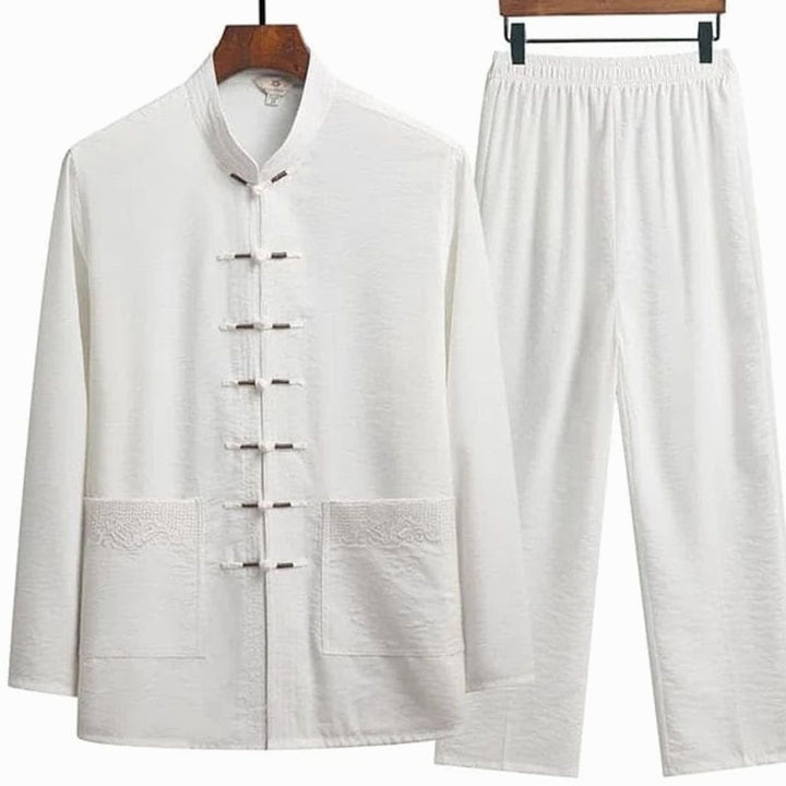 Blazer Gilet Dames Oosterse Linnen Set Lange Mouwen Mandarijnkraag - Wit
