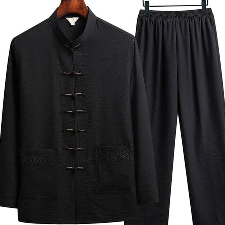 Blazer Gilet Dames Oosterse Linnen Set Lange Mouwen Mandarijnkraag - Zwart