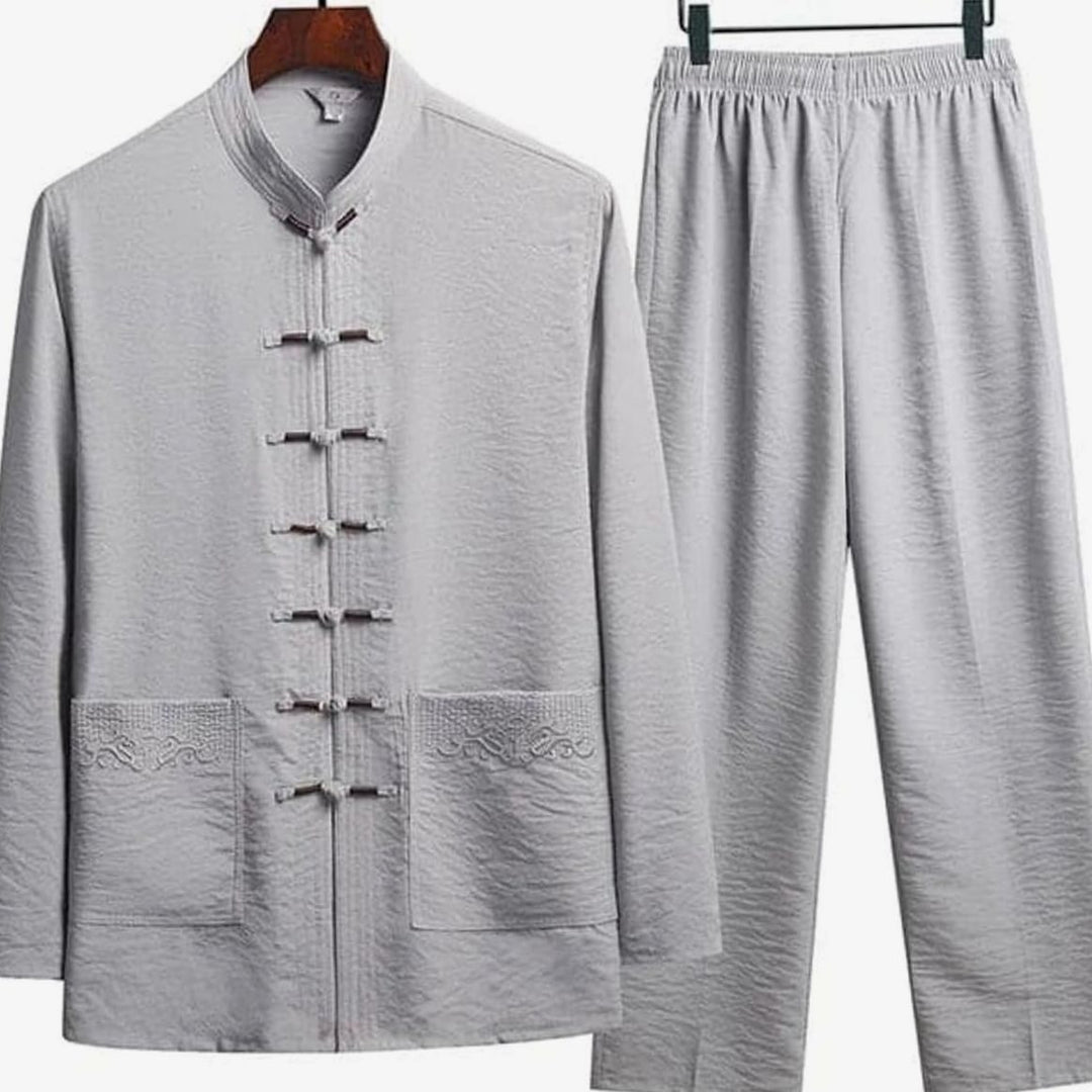 Blazer Gilet Dames Oosterse Linnen Set Lange Mouwen Mandarijnkraag - Lichtgrijs