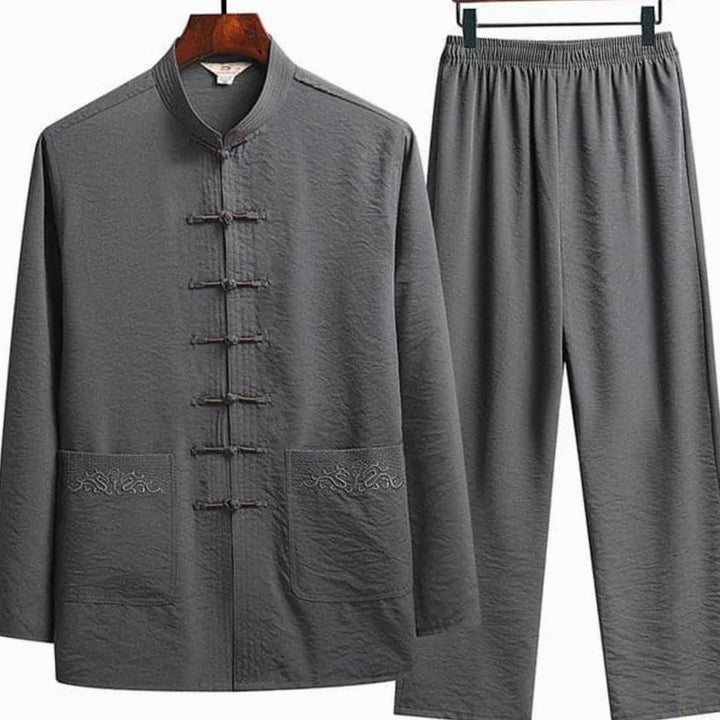 Blazer Gilet Dames Oosterse Linnen Set Lange Mouwen Mandarijnkraag - Donkergrijs