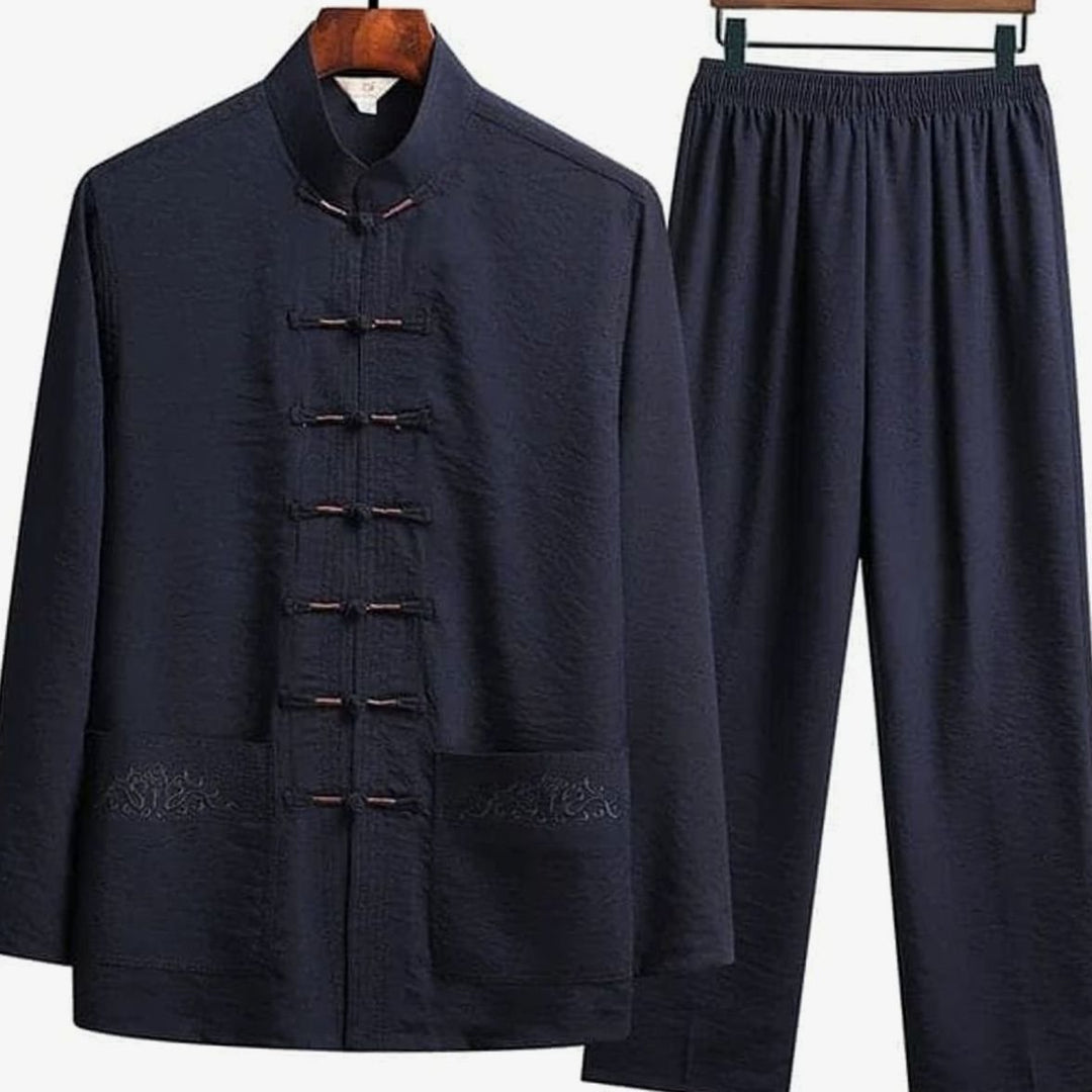 Blazer Gilet Dames Oosterse Linnen Set Lange Mouwen Mandarijnkraag - Marineblauw