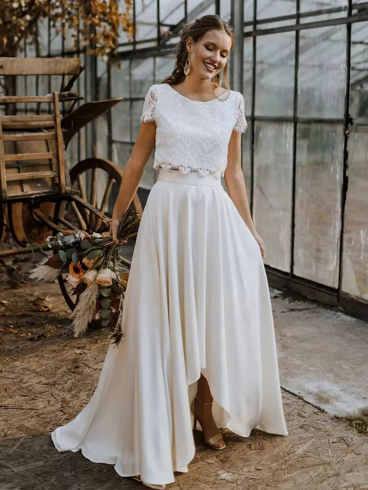 Bruiloft Maxi Jurk Dames Tweedelige Kanten Top Vokuhila-rok - Wit