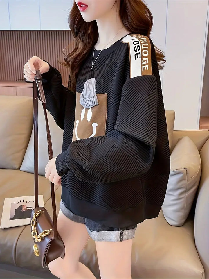 Bobbie™ Damenpullover mit 3D-Cartoonprint und Schulterdetails