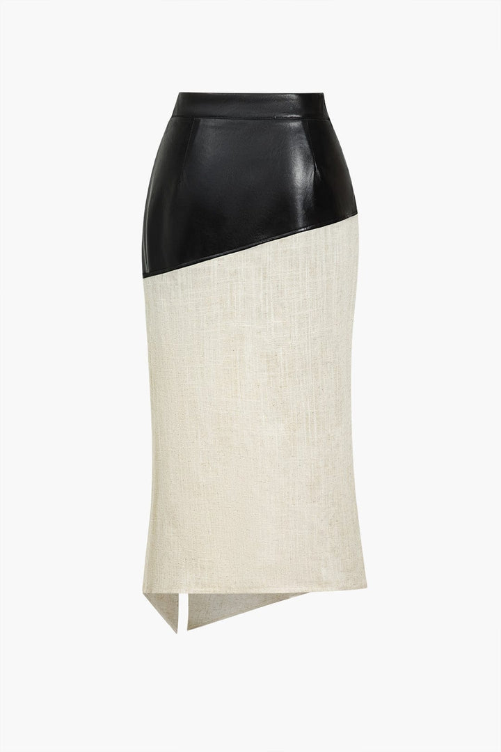 Danica | Eleganter Midirock mit asymmetrischem Kunstleder- und Leinen-Design