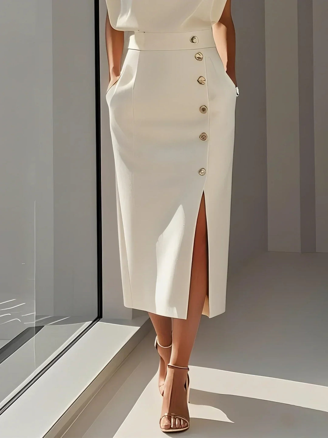 Emma | Damen Ärmelloses Midikleid mit Knopfdetail
