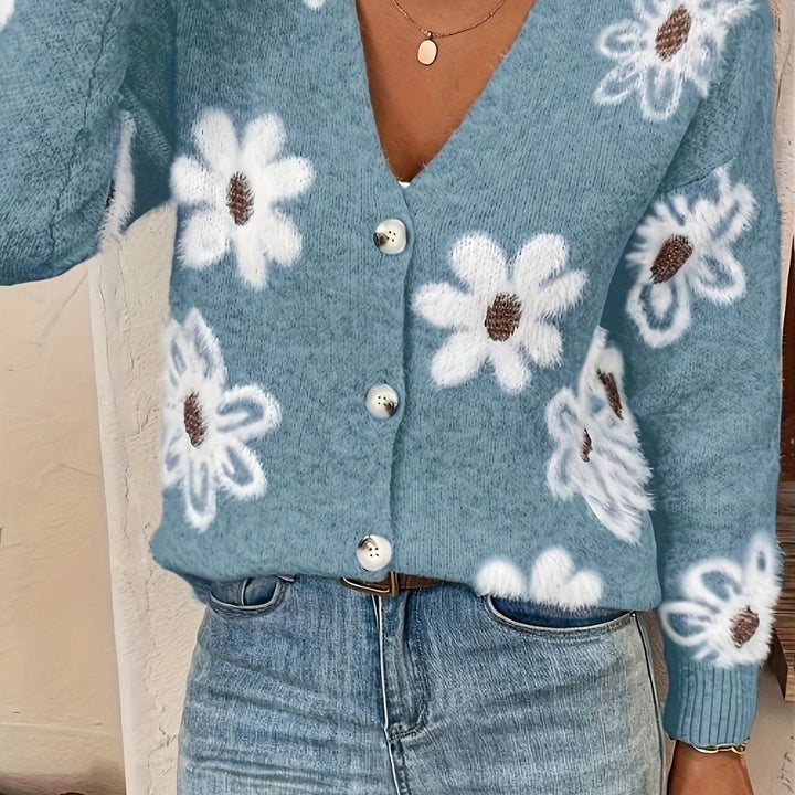 Cardigan Dames Gebreide Bloemenpatroon Vest V-hals Knopen - Lichtblauw