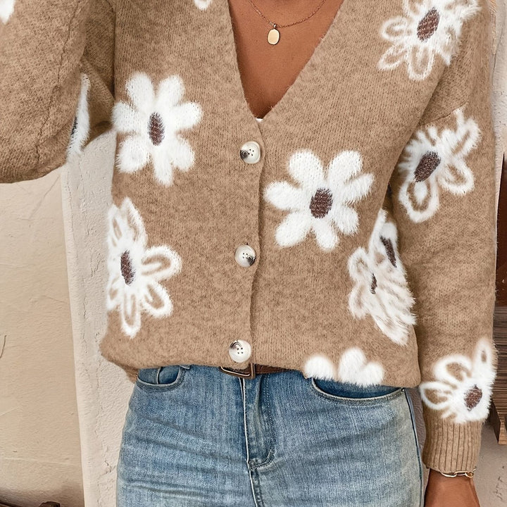 Cardigan Dames Gebreide Bloemenpatroon Vest V-hals Knopen - Khaki