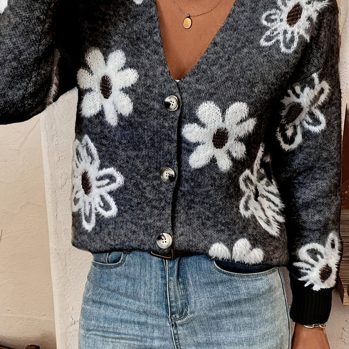 Cardigan Dames Gebreide Bloemenpatroon Vest V-hals Knopen - Zwart