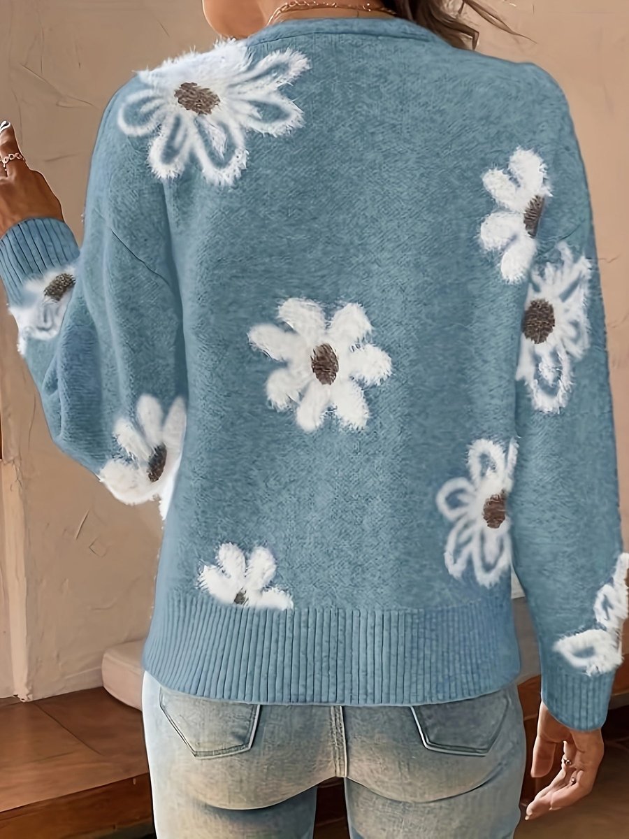 Cardigan Dames Gebreide Bloemenpatroon Vest V-hals Knopen