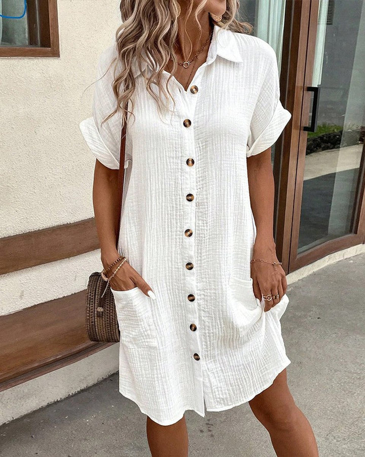 Casual Midi Jurk Dames Hemdblouse Crinkle Knoopsluiting Zakken - Wit