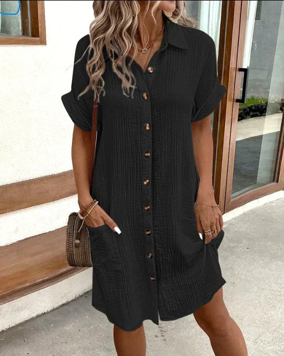 Casual Midi Jurk Dames Hemdblouse Crinkle Knoopsluiting Zakken - Zwart