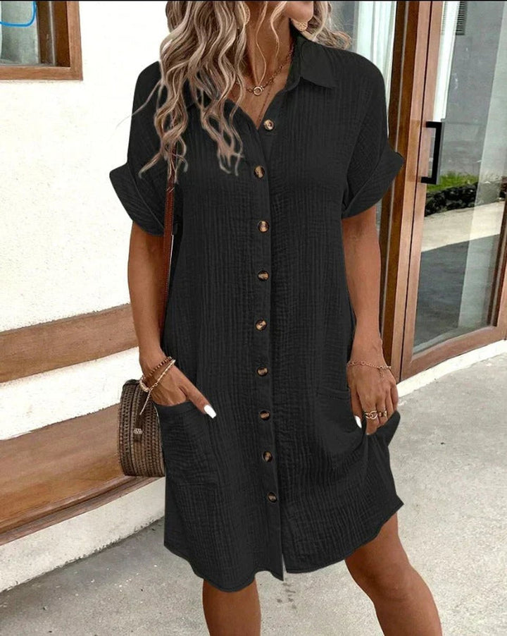 Casual Midi Jurk Dames Hemdblouse Crinkle Knoopsluiting Zakken - Zwart