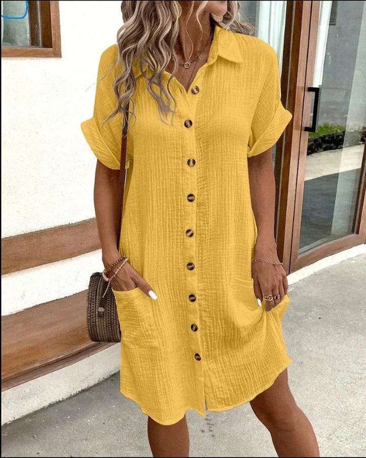 Casual Midi Jurk Dames Hemdblouse Crinkle Knoopsluiting Zakken - Geel