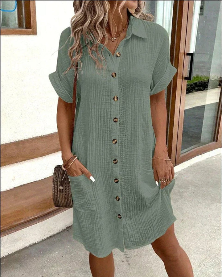 Casual Midi Jurk Dames Hemdblouse Crinkle Knoopsluiting Zakken - Groen
