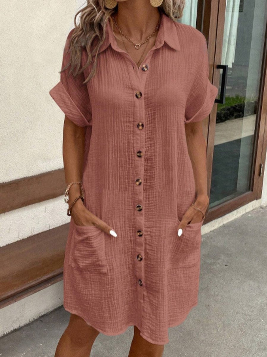 Casual Midi Jurk Dames Hemdblouse Crinkle Knoopsluiting Zakken - Rood